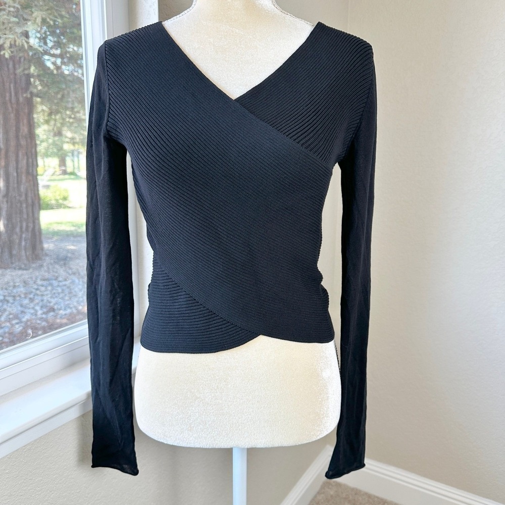Barbara Bui Ribbed Knit Sheer Wrap Top Women S Black Long Sleeve V-Neck Designer